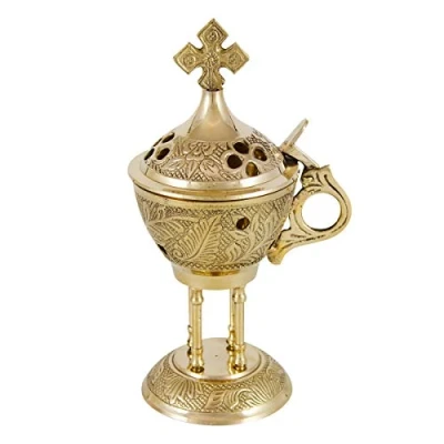 Image of NKlaus incense burner with hinged lid and cross 18cm high brass gold operating mode on sand decoration 4018