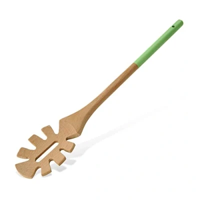 Image of Tasty Wooden Spaghetti Spoon, Server with Green Handle, Noodles Spoon for Serving &amp; Pasta, Kitchen Utensil, Dimensions: 30x5.5cm, Colours: Light Brown