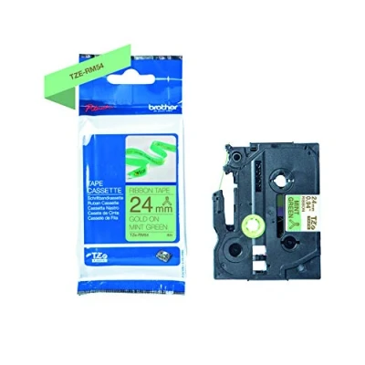 Image of Brother TZe RM54 Labelling Tape Cassette, Gold on Mint Green, 24mm (W) x 4M (L), Ribbon Tape, Genuine Supplies
