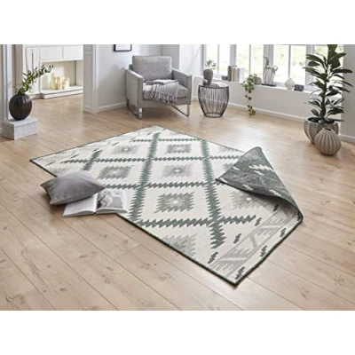 Image of NORTHRUGS Malibu Indoor and Outdoor Rug 80 x 150 cm Reversible Weatherproof Modern Geometric Pattern Runner for Balcony Patio Garden Conservatory Living Room Waterproof in Green Cream
