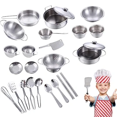 Image of Kids Kitchen Play Toy Accessories Cooking Utensils Set 25Pcs Stainless Steel Toys Pretend Pots Pans Cookware Kits for Role Educational Gift Christmas Holiday