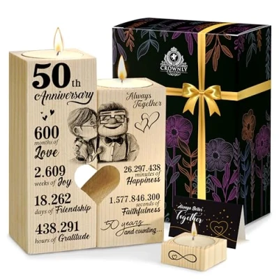 Image of CROWNLY CRYSTAL® 50th Wedding Anniversary Candle Holders Personalised Couples Gifts Presents for Her Him and Elderly Parents