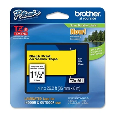 Image of Brother TZe 661 Original Laminated Ribbon 36 mm Black on Yellow Background 8M
