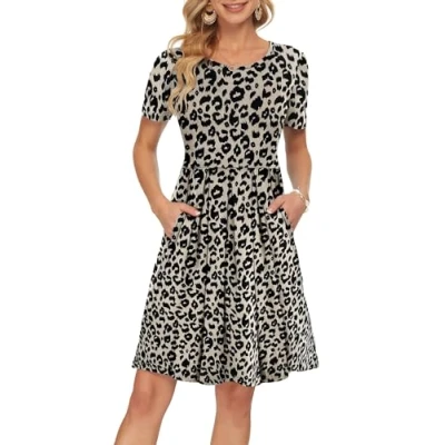 Image of AUSELILY Women&#039;s Short Sleeve Pleated Loose Swing Casual Dress with Pockets Knee Length Leopard S