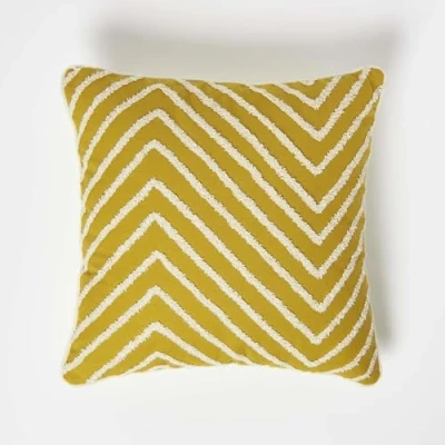 Image of HOMESCAPES Tufted Cushion Covers 45 x cm, Pure Cotton Boho Throw Pillow Covers, Mustard Yellow Chevron Cushion, Luxury Decorative Cases for Sofa or Bedroom Insert Included