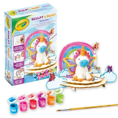 Image of CRAYOLA Paint &amp; Sculpt Unicorn Make Display Your Own Includes 2 Packs of Air Dry Clay, 6 Paints and Backdrop Ages 4+