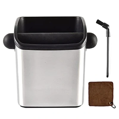 Image of CAFEMASY Coffee Grounds Knock Box Small Durable Stainless Steel Espresso Grind Out with Removable Bar and Brush