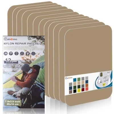 Image of Nylon Repair Patches 20x10 cm 12 pcs Tape Fabric Patch Self Adhesive Outdoor Camping Gear Kit for Tent, Umbrella, Down Jackets, Sleeping Bag, Knapsack （Khaki）