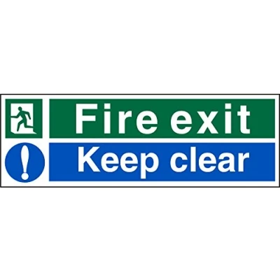 Image of Seco Fire Exit Man Running Left, Exit, Exclamation Mark, Keep Clear Sign, 300mm x 100mm 1mm Semi Rigid Plastic