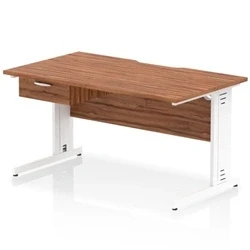 Image of Impulse 1400 x 800mm Scalloped Edge Office Desk Walnut Top White Cable Managed Leg Workstation 1 Drawer Fixed Pedestal