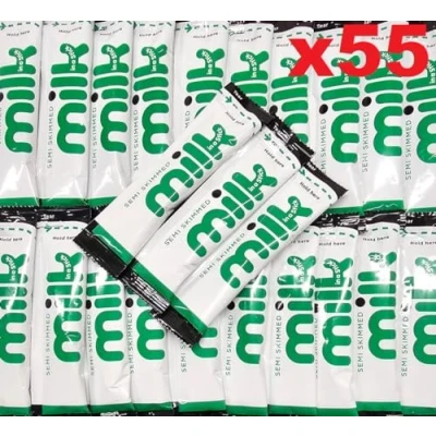 Image of 55x Semi Skimmed UHT Milk Sticks 10ml Individually Wrapped Pouches Portions Sachets Lakeland