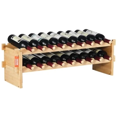 Image of VEVOR 18 Bottle Stackable Modular Wine Rack, 2 Tier Solid Bamboo Wood Storage Racks, Floor Freestanding Wines Holder Display Shelf, Wobble Free Shelves for Kitchen, Bar, and Cellar (Natural Color)