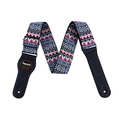 Image of Rayzm Cotton Guitar Strap/Bass Strap, Bohemian Style Knitting Belt for Acoustic/Electric/Bass with Pick Pocket, 5cm Wide, Metal Buckle, Adjustable Length