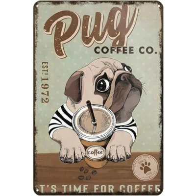Image of kisoyo Retro Tin Sign Pug Dog but First, Coffee Vintage Decor Metal Home Kitchen Bar Farmhouse Ranch Cafe Club Cave Wall 8x12 Inch