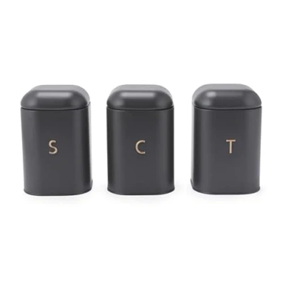 Image of Salter Pebble Tea Coffee Sugar Canister Set Countertop Storage Tins, Kitchen Worktop Containers for Dry Goods, Carbon Steel Labelled Canisters, Powder Coated Caddies, Charcoal Grey/Brass BW13729EU7
