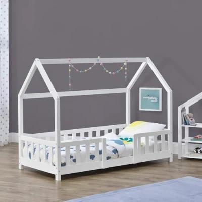 Image of [en.casa] Children&#039;s bed Sisimiut house 80 x 160 cm with fall out protection wooden for children floor slatted frame pine wood white matt