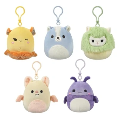 Image of Squishmallows SQCR05530 3.5 Inch Clip On 5 Pack Blue Skunk, Cream Bat, Purple Beetle, Lime Greem Llama, Yellow Dumbo Octopus, Multicolour