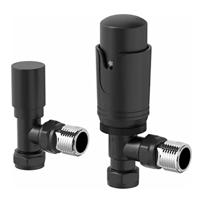 Image of DuraTherm® Thermostatic Radiator Valve Pack Set, 15mm Lockshield TRV &amp; Thermostat, Matte Black Valves for Radiators, Angled