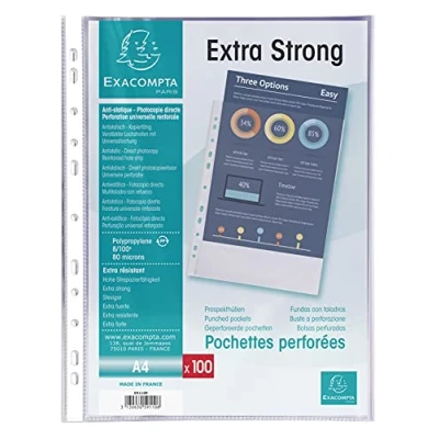 Image of Exacompta Ref 59110E Premium Grained PP Punched Pockets Suitable for A4 Documents, 80 Micron Polypropylene, Reinforced Left Strip, Top Opening Pack of 100