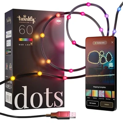 Image of Twinkly Dots 3m, Multicolor LED Strip, Flexible RGB Compatible with Alexa and Google Home, Gaming Lights, 16 M+ Colors, USB Powered, App Control, Black Wire, 60 Lights
