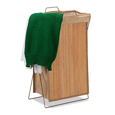 Image of Relaxdays Bamboo Laundry Basket Foldable 40 Litres Metal Frame with Handles Bag HBT 61 x 38 22 cm Natural