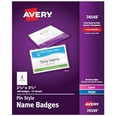 Image of Avery Customizable Name Badges with Pins, 2.25&quot; x 3.5&quot;, Clear Tag Holders White Printable Inserts, 100 Pin Style (74549)