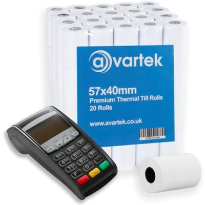 Image of 57 x 40mm Premium Thermal Paper Till Receipt Rolls for PDQ Credit Card Machine, POS, EPOS, Machines, Barclaycard, Verifone, Ingenico, Sagem, Spire, Pax, Worldpay [Pack of 20] AVARTEK