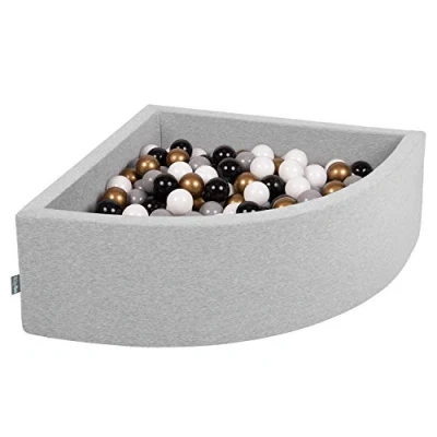 Image of KiddyMoon Soft Ball Pit Quarter Angular 90X30cm/300 Balls ∅ 7Cm / 2.75In For Kids, Foam Pool Baby Playballs, Made In EU, Light Grey:White/Grey/Black/Gold