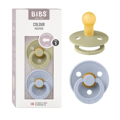Image of BIBS Colour Soother 2 Pack, BPA Free Dummy Pacifier, Round Nipple. Natural Rubber Latex, Made in Denmark. 0 6 Months (Pack of 2), Khaki/Dusty Blue