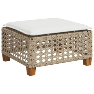 Image of vidaXL garden stool ottoman beige poly rattan outdoor seat with cushion 64x56x32 cm