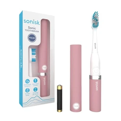 Image of Sonisk Pulse Battery Powered Electric Toothbrush Portable Travel Size with Antimicrobial Sonic Technology 1x Battery, 2X Brush Heads, Case Included (Dusty Pink)