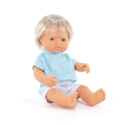 Image of Miniland Baby Doll Blonde Boy 38cm. Made in Spain with vanilla scent. Anatomically correct. My Friends &amp; Me collection
