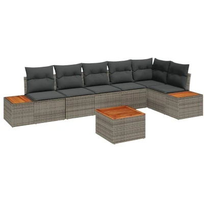 Image of vidaXL 7 Piece Garden Sofa Set with Cushions Grey Poly Rattan Acacia