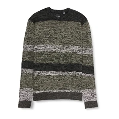 Image of ONLY &amp; SONS Men&#039;s Onspike Reg 7 Stripe Crew Knit 2893 Sweater, Dark Grey Blend, X Small