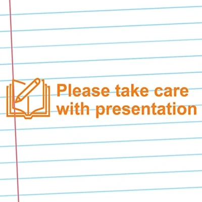 Image of Classroom Capers Please take Care with Presentation Self Inking Teacher Stamp, Reinkable, Quality School Stamp 10x39mm Orange Ink.