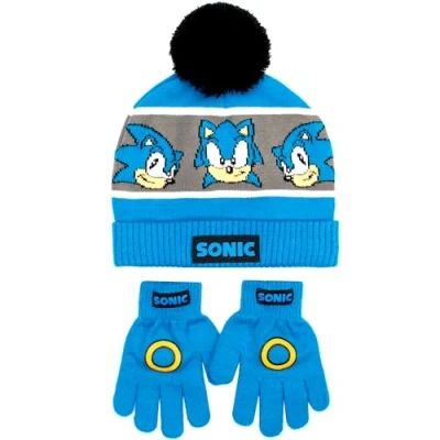 Image of SONIC THE HEDGEHOG Winter Hat &amp; Gloves Set for Boys Warm Comfy Beanie Perfect Kids Ages 6 12 Blue