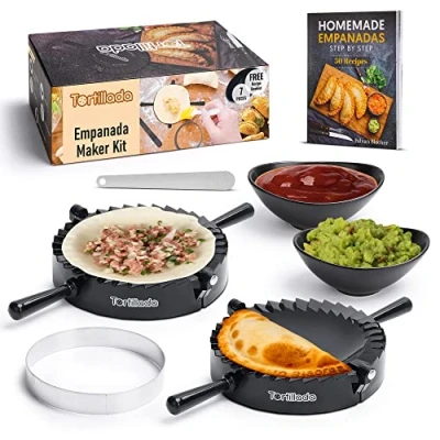 Image of Tortillada Large Empanada Maker Mold Kit (15.5 cm) / Set of 7 Pieces incl. Recipe Book, Ceramic Dip Bowls, Cookie Cutter, Knife