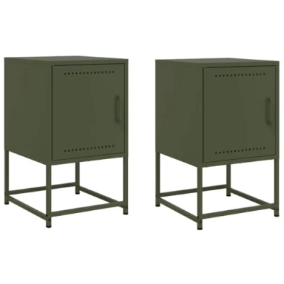 Image of vidaXL Bedside Cabinets/Nightstands 2 pcs Olive Green Steel Industrial Style 36x39x60.5 cm Bedroom/Office/Living Room