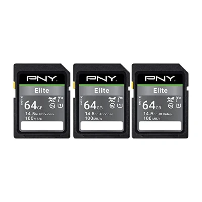 Image of PNY 64GB Elite Class 10 U1 V10 SDXC Flash Memory Card 3 Pack 100MB/s Read, 10, U1, V10, Full HD, UHS I, Size SD (P SD64GX3U1100EL MP)