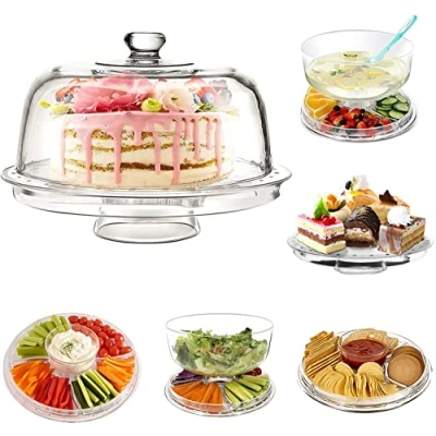 Image of Stylish Design 6 in 1 Multi functional Plastic Cake Stand &amp; Dome with Cover and Salad Bowl for Purpose Quality Products by Crystals