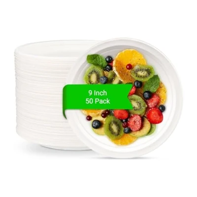 Image of Fasttrack 9 inch Paper Plates, White Microwave Plate, Small Plates Super Rigid 50 Pack Extra Strength Bagasse Sugarcane Disposable Biodegradable Party