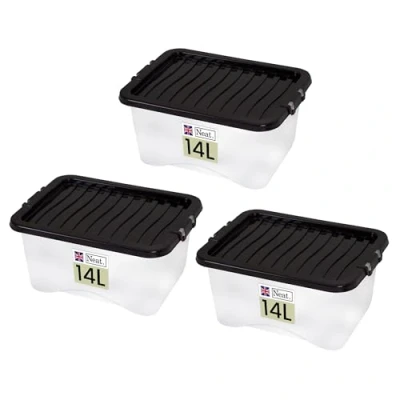Image of Neat. Plastics 14L Heavy Duty Storage Box, Clear Base, Black Lid Organise Easily with Plastic Box Lid, Ideal Boxes for Storage, Durable Lids Pack of 3