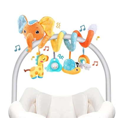 Image of Koty Spiral Pram Toys for Babies, Pushchair Stroller Car Seat Cot Crib Baby Boys Girls 0 3 6 9 12 Months, Plush Activity Rattle Hanging Toy Sensory Gift Newborn Infant (Orange Elaphant)