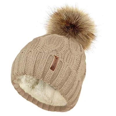 Image of TOSKATOK Ladies Chunky Soft Cable Knit Hat with Cosy Fleece Liner and Detachable Faux Fur Pompom Camel