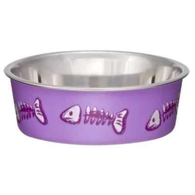 Image of Loving Pets Stainless Steel Bella Non Slip Dishwasher Safe &amp; Bacteria Resistant Metallic Pet Dish Purple Fish Skeleton X Small (284 ml)