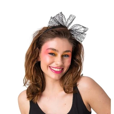 Image of Wicked Costumes Adult 80&#039;s Lace Bow Hairband Black Fancy Dress Accessoruy