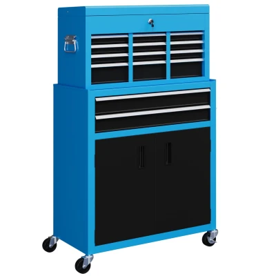Image of HOMCOM Tool Chest, Metal Cabinet on Wheels with 6 Drawers, Pegboard, Top Chest and Roller Combo, 61.6 x 33 108cm, Blue