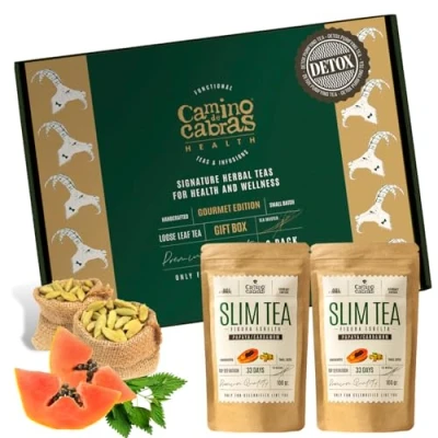 Image of SLIM Tea Premium Gift Box Detox Cleanse &amp; Weight Loss, Helps Bloating Relief Green Loose leaf Tea, Mate, Ginger, Nettle, White Papaya, Cardamom All Natural Herbal 2 Pack x 100 g