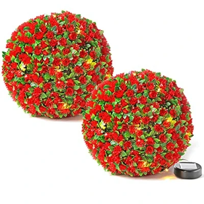 Image of Taylor &amp; Brown 28cm Solar Powered 20 LED Rose Artificial Topiary Ball Hanging Ornament Boxwood Garden Ultra Bright Light Decorative Two Functions (2 Pack, Red)