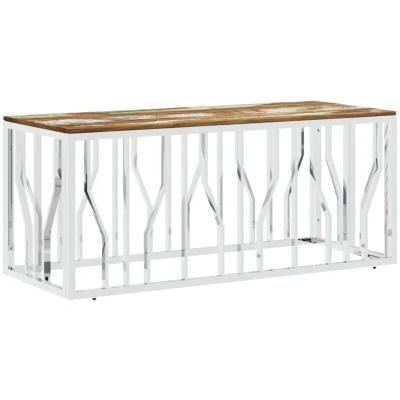Image of vidaXL Coffee Table Silver Stainless Steel and Solid Wood Reclaimed